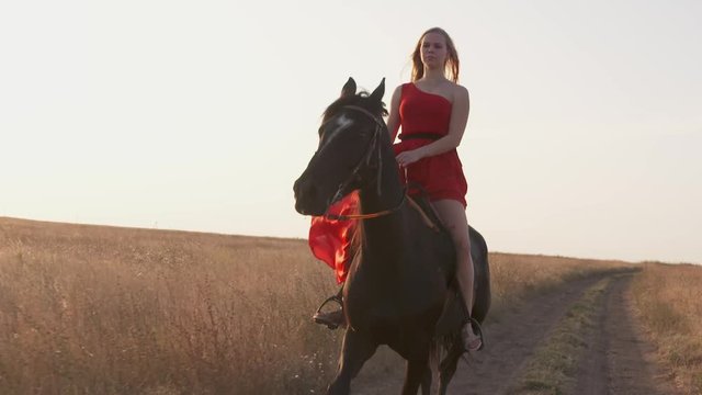 Young girl rider in red dress riding black horse in the evening