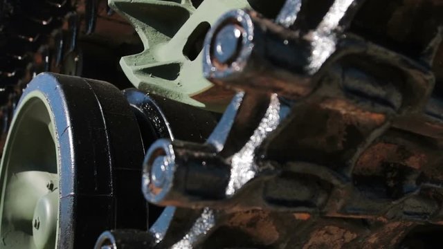 undercarriage with tracks and slides of military equipment, tanks, armored personnel carriers, self-propelled units, etc. Dolly video