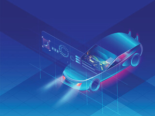 Autonomous  car on shiny blue background, Futuristic Automotive technology.