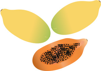 Composition of two whole papayas and halves on a white background