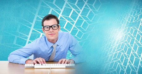 Man using computer with geometric transition