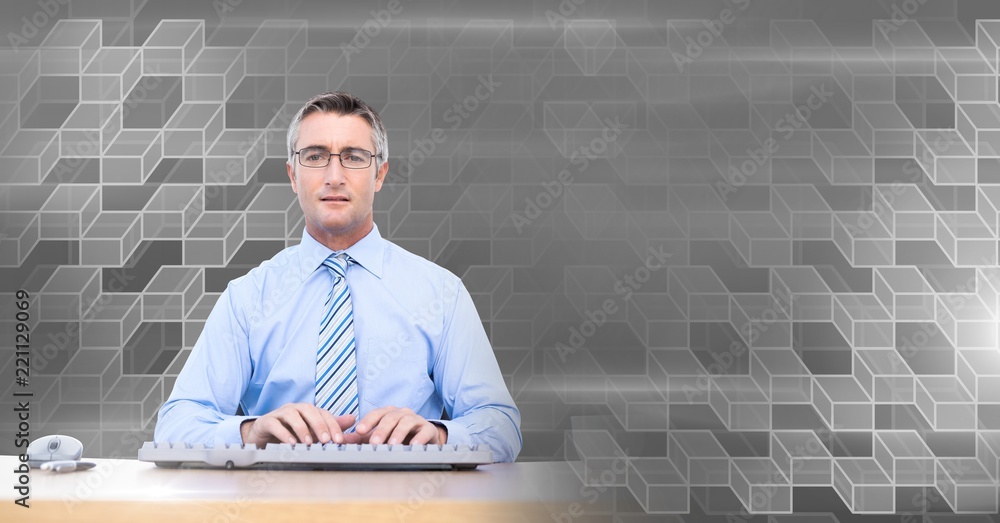 Poster man using computer with geometric transition