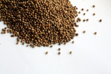 Mustard seeds on white in brown tone.