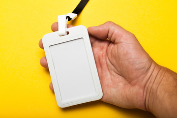 Staff badge mockup, name tag card. Identification, accessibility, advertising, attachment,...
