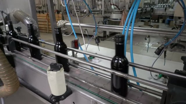 Bottling and sealing conveyor line at winery factory