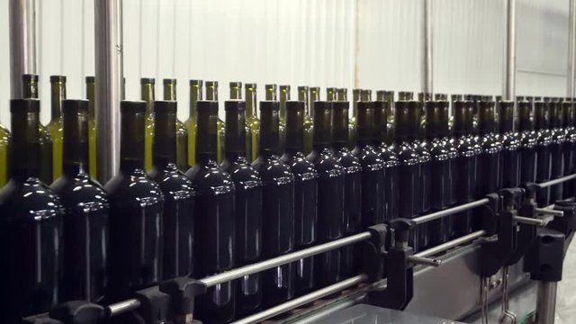 Bottling and sealing conveyor line at winery factory