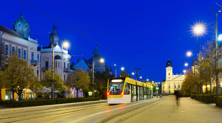 Debrecen streets with Great Protestant Church at night