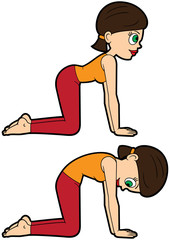 Yoga asana set cat-cow/ Illustration cartoon girl doing marjaryasana-bitilasana poses