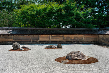 Hiraniwa Zen garden during bright sunny day in Ryoanji Temple, Kyoto, Japan