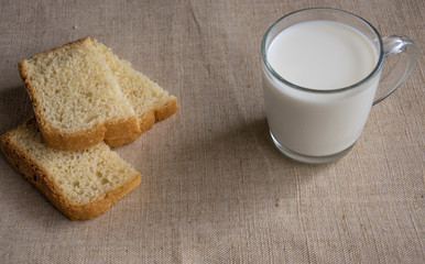 Fototapeta na wymiar A glass of milk and pieces of white bread.