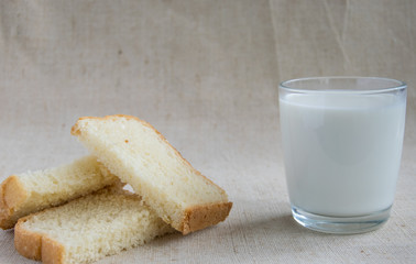 A glass of milk and pieces of white bread.