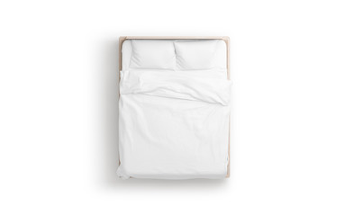Blank white bed mock up, top view isolated, 3d rendering. Empty blanket and pillows mockup in bedstead. Doss with mattress and bedsheet in place for sleep template. Bedclothes with pilows and duvet.