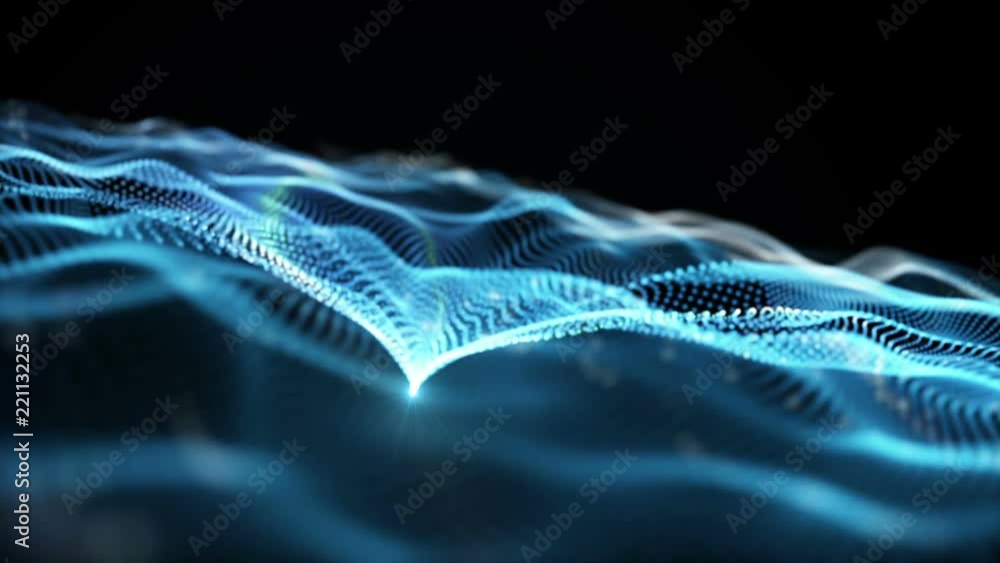 Poster Abstract futuristic data cloud and artificial intelligence concept. Light impulses traveling along waving particles. Depth of field settings. 3D rendering.