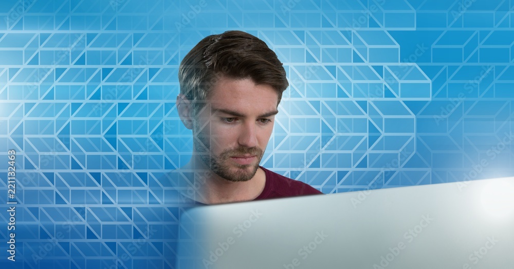 Poster man using laptop computer with geometric transition