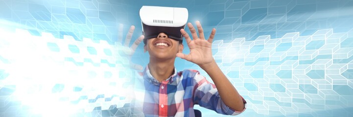 Boy wearing virtual reality headset with geometric transitions