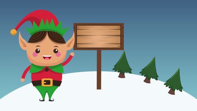 Christmas elf with blank wooden sign cartoon high definition colorful animation scenes