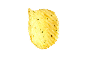 rippled potato chips with condiment, isolated on white background