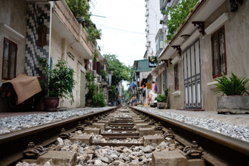 Fototapeta na wymiar Abandoned railroad tracks in Hanoi, Vietnam.