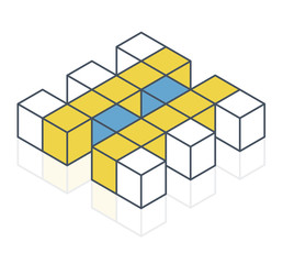 Abstract cube vector shape reminiscent of technological development, nanotechnology component. Outlined isometric brand of scientific institution, research center. Minimalistic block shape