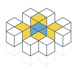 Abstract cube vector shape reminiscent of technological development, nanotechnology component. Outlined isometric brand of scientific institution, research center. Minimalistic block shape