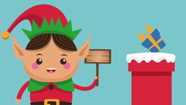 Cute christmas elf with wooden sign and pipe cartoon high definition animation colorful scenes