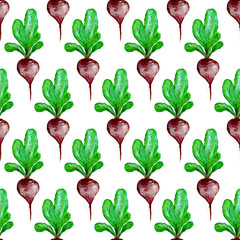 Watercolor Vegan Pattern. Seamless Hand Drawn  Vegetables. Healthy Food Print. Gardening Background. Greenery Repeatable Design for Menu, Restaurant, Salat Bar, Farmers Market. Beetroot. Vegetarian.