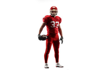 Active one american football player isolated on white background. Fit caucasian man in uniform...