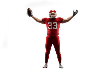 Active one american football player isolated on white background. Fit caucasian man in uniform...