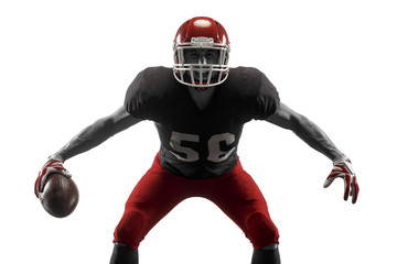 Active one american football player isolated on white background. Fit caucasian man in uniform...