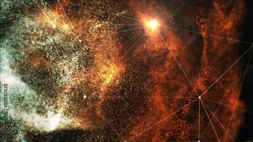Poster fantastic nebula particles and plexus lines evolving in organic motion. abstract technology, science