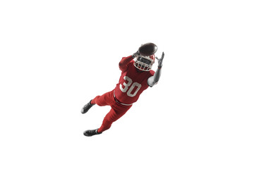 Active one american football player isolated on white background. Fit caucasian man in uniform...