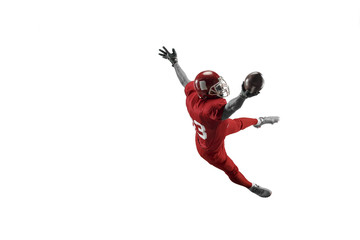 Active one american football player isolated on white background. Fit caucasian man in uniform jumping over studio background in jump or motion. Human emotions and facial expressions concept