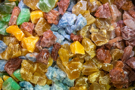 Closeup shot of colorful calcite crystals, geological background