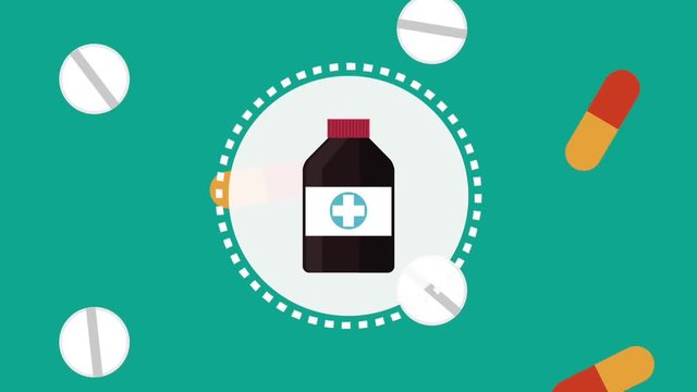 Medicine bottle and drugs falling background high definition  colorful animation scenes