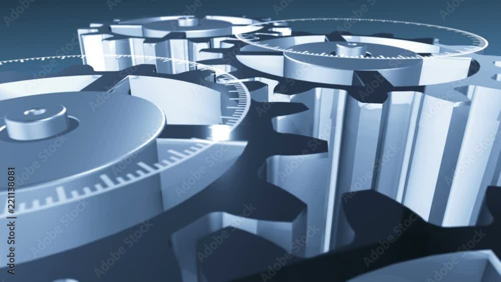 Poster 3d metallic gear cogwheels and hud elements rotating. technological intro. futuristic industry, scie
