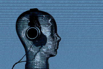 streaming musique écoute écouter casque audio profil tête numérique bianire code avenir intelligence artificielle © shocky