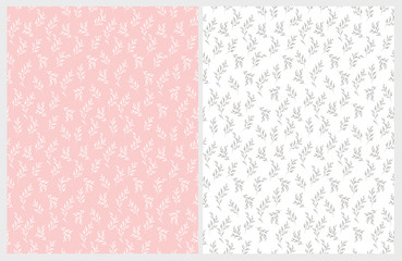 Hand Drawn Floral Vector Patterns. Light Pink and White Backgrounds. Tiny White and Gray Delicate Twigs. Cute Simple Graphic. Irregular Design. Pastel Colors.