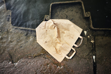 Paper shopping bag in water, conceptual picture.