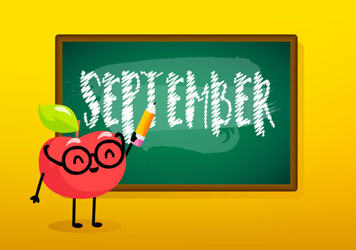 Autumn card with blackboard and cartoon apple. Vector banner.
