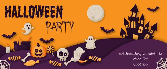 Foto auf Glas Happy Halloween Party Banner with  pumpkins, ghosts, candy, witch broom, bats, cobwebs, skulls, bones, headstones, witch hats. Flat icon. Vector Illustration © Duanpry