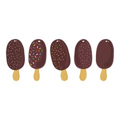 lody na patyku w polewie czekoladowej z kolorową posypką i orzechami równy rząd lato ilustracja na białym tle