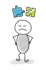 Cartoon stickman holding puzzle (success concept) icon. Vector.