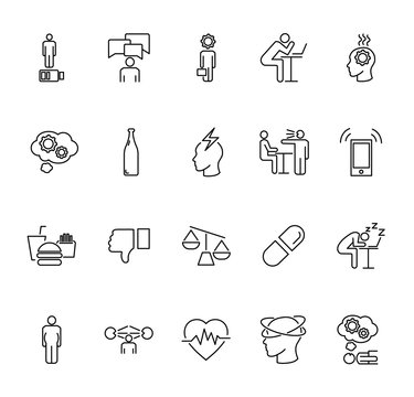 Stress causes outline icon collection. Vector illustration why people are stressed.