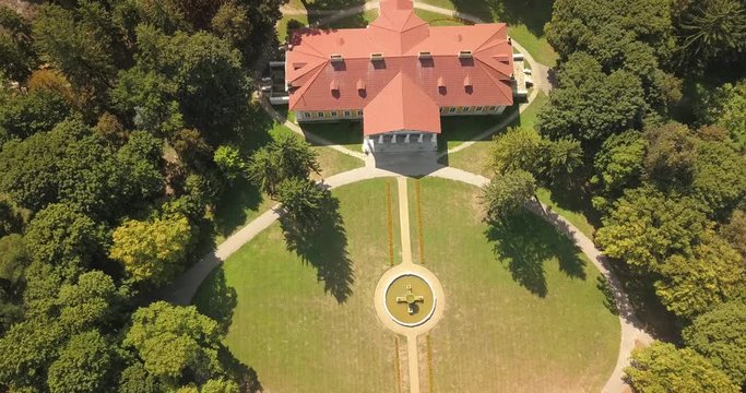 Flying on drone over famous ukranian sights - palace and park ensemble Samchiki in the village of Samchiki, Ukraine