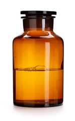 Medical, pharmacy or chemical jar with liquid on white background