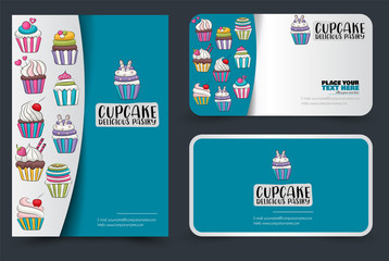 Cupcake bakery flyer and business cards set. Background for advertisement, menu, brochure template. Vector illustration.