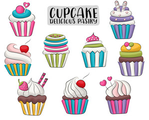 Vanilla and chocolate cupcakes cute hand drawn set. Sweet dessert concept. Vector illustration.
