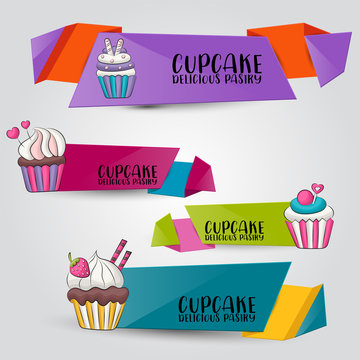 Cupcake bakery horizontal label banner set. Cute template for menu, advertisement, web page. Vector illustration.