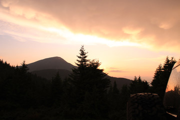 The summer green Carpathian mountains in Ukraine. The sky is over the mountains. Atmospheric landscapes while traveling on a jeep. Offroad expedition