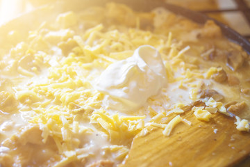 Mushrooms, cheese, sour cream, frying pane